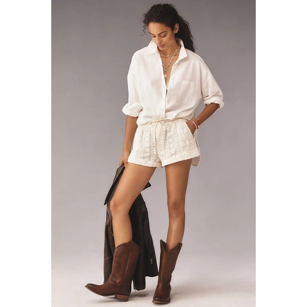 By Anthropologie Lace Tie-Waist Shorts Floral Pull-on Cotton High Rise S 289519 - Picture 3 of 9